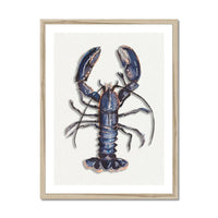 watercolour painting of a blue lobster in natural frame