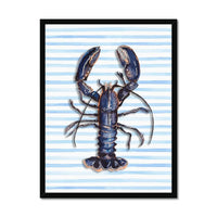 painted lobster on blue stripe background in black frame - beach house art