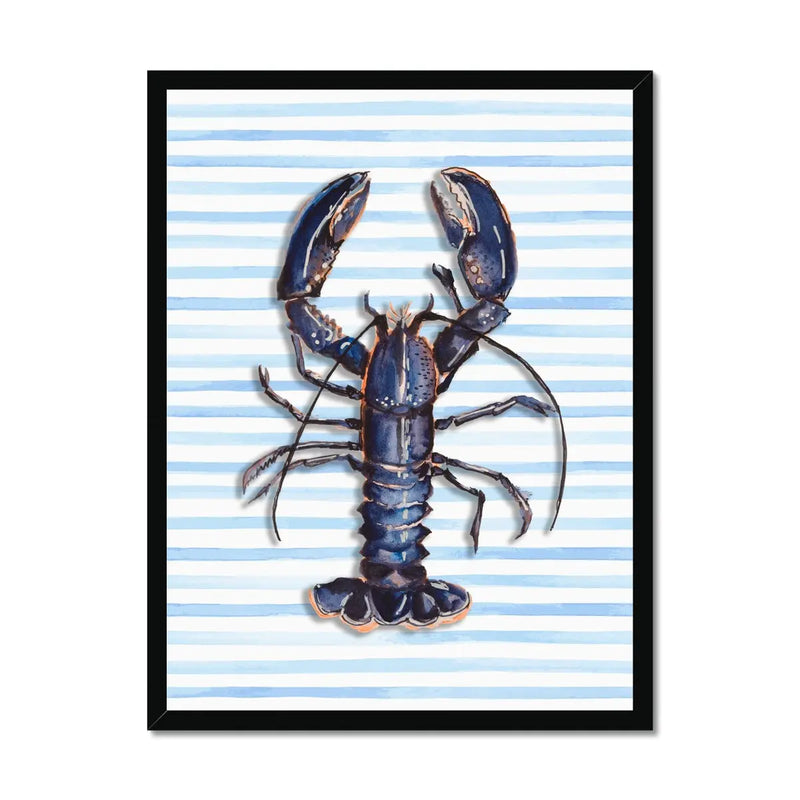 painted lobster on blue stripe background in black frame - beach house art