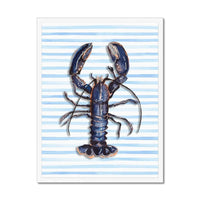 painted lobster on blue stripe background in white frame - beach house art