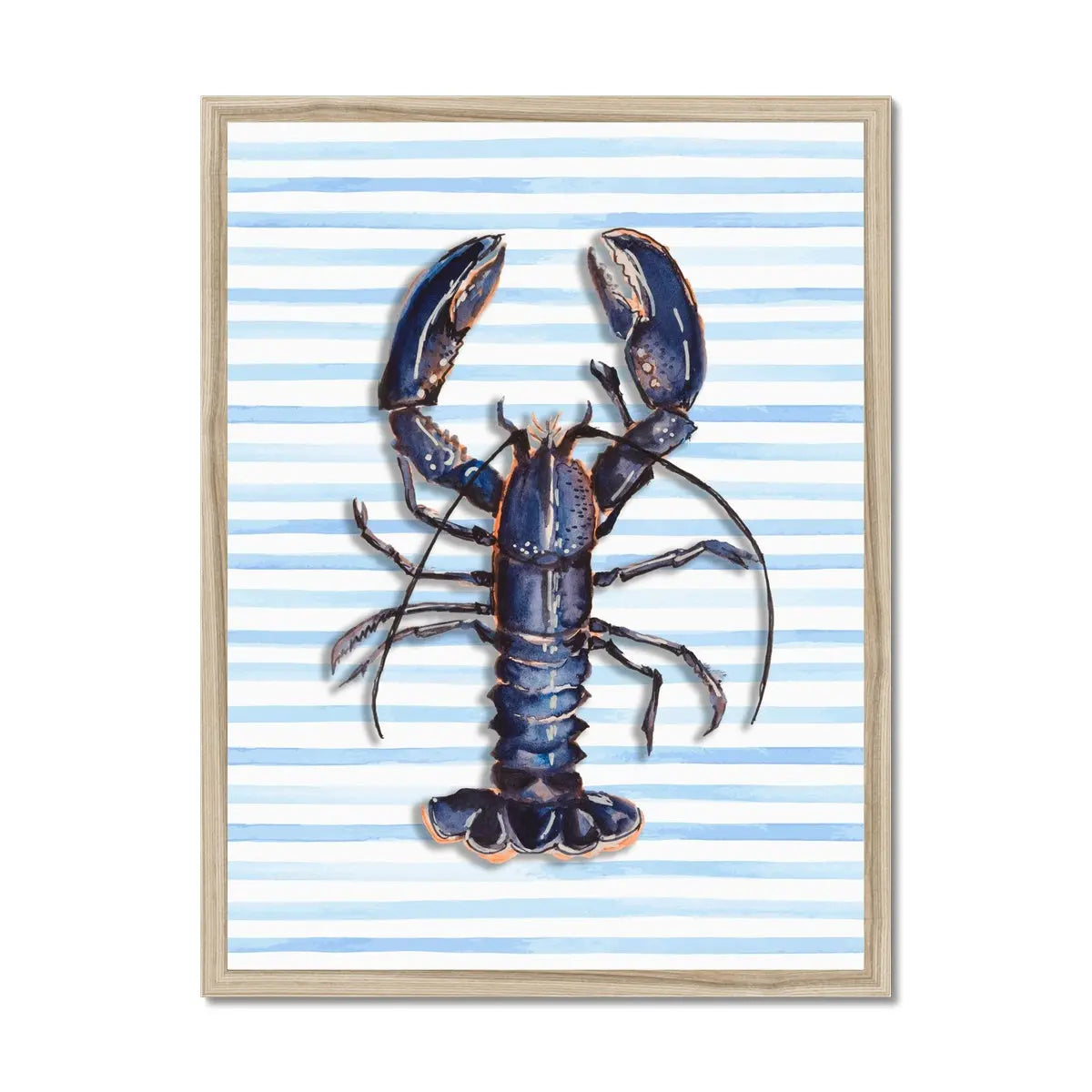 painted lobster on blue stripe background in natural frame - beach house art