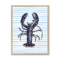 painted lobster on blue stripe background in natural frame - beach house art