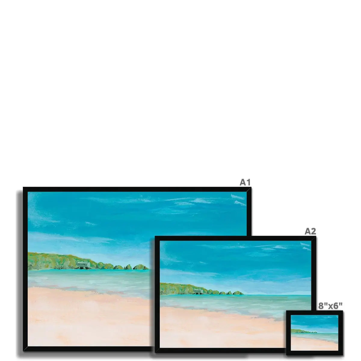 Watercolour beach painting of Mother Ivey's bay in Cornwall on paper - Framed wall art print