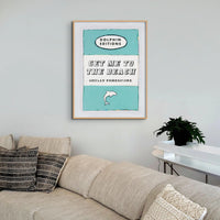 framed print of a vintage book cover art titled "Get Me to the Beach" in aqua blue
