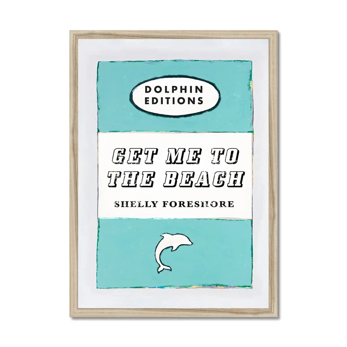 framed print of a vintage book cover art titled "Get Me to the Beach" in aqua blue