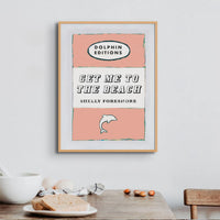 Vintage Book Cover Art Print titled "Get Me to the Beach" in peach colour and framed.