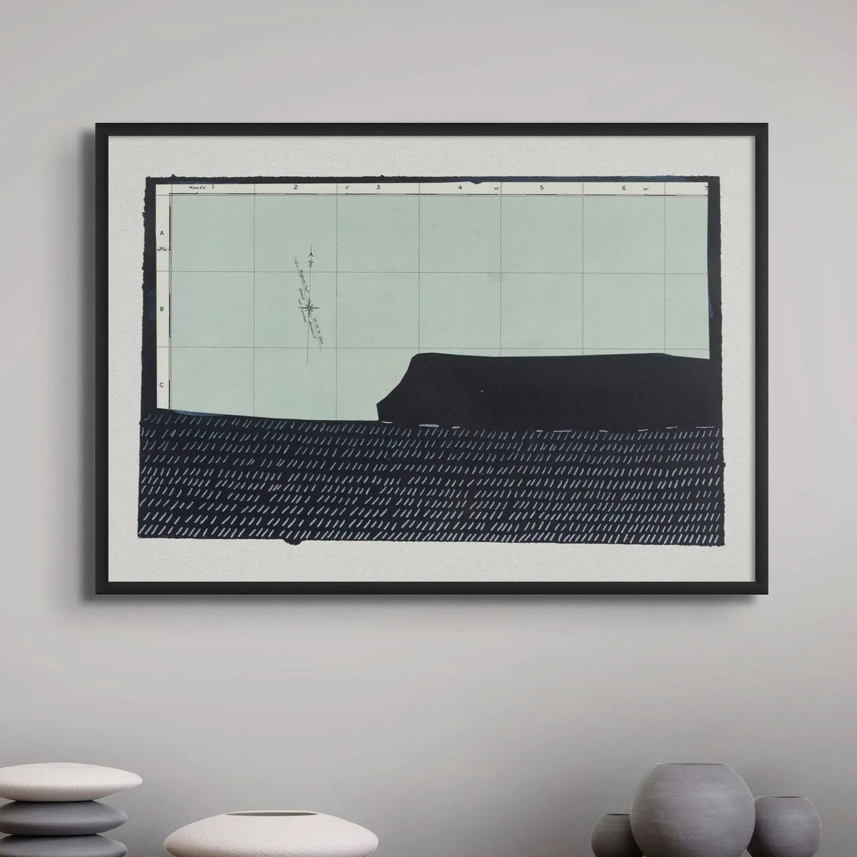 Beach House Art | Headland Point Print | Modern Seascape Painting in black frame above a teak desk with designer pots and vases