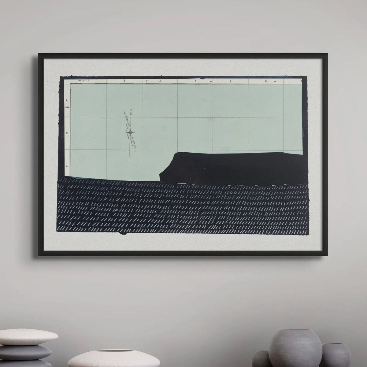 Headland Point Print | Modern Seascape Painting - Framed | Beach House Art | mixed media artwork in black from above a mid century side board.