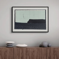 Headland Point Print | Modern Seascape Painting - Framed | Beach House Art | mixed media artwork in black from above a mid century side board.