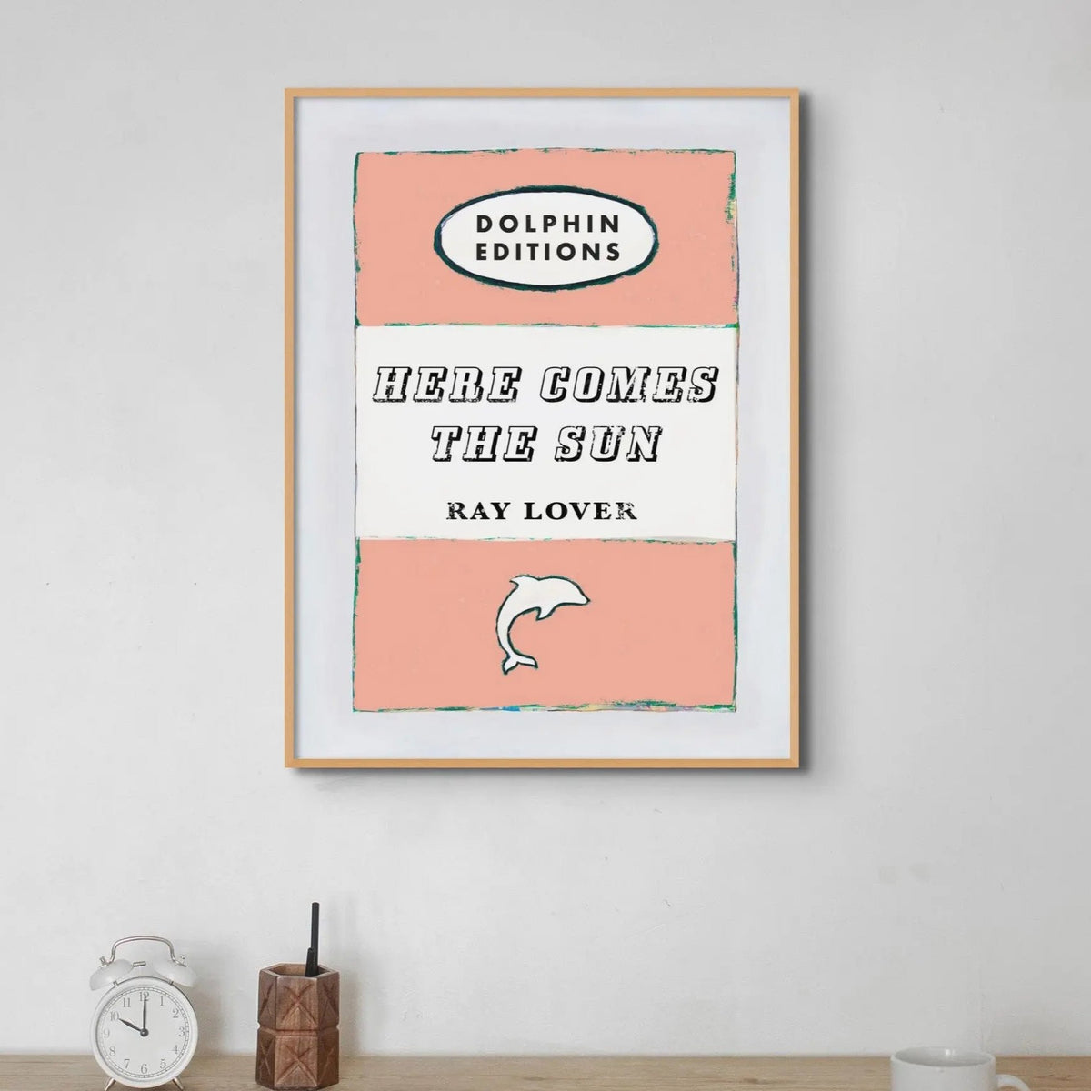 Here Comes the Sun quote print on vintage style book cover | Peach - Unframed