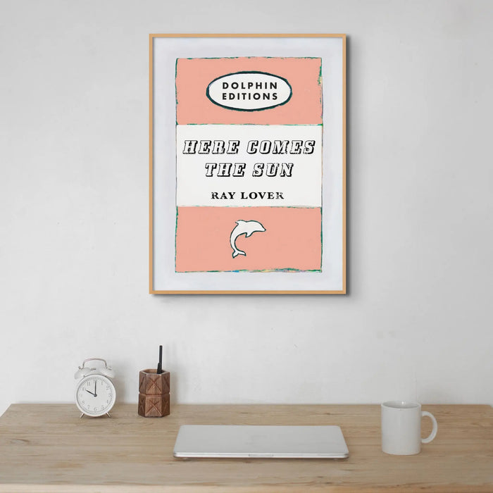 Here Comes the Sun quote print on vintage style book cover | Peach - Unframed