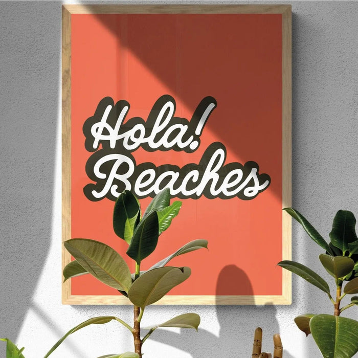 Hola Beaches (Orange Sun) Word Art Print - Unframed - Beach House Art