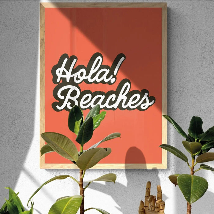 Hola Beaches (Orange Sun) Word Art Print - Framed - Beach House Art