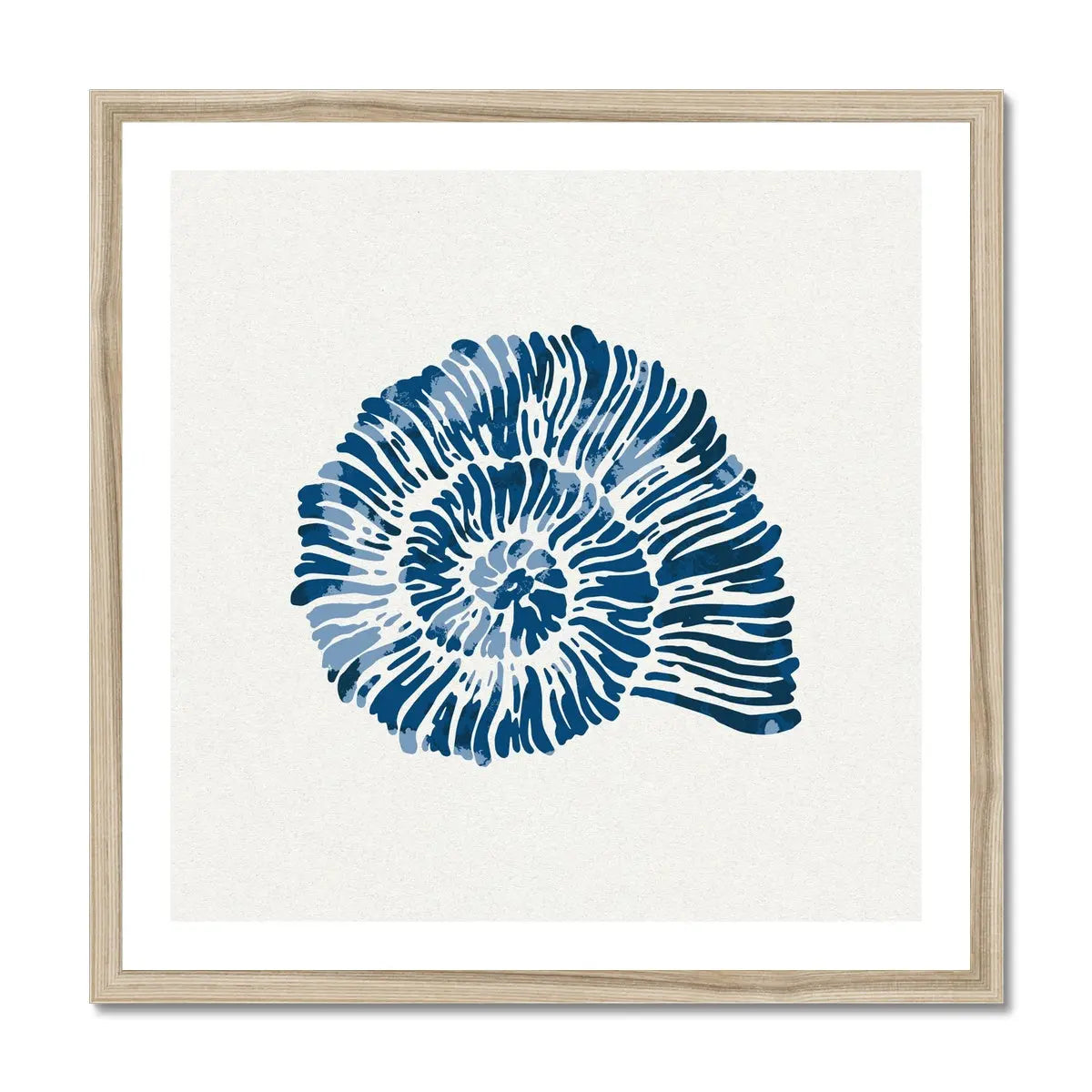 Indigo Spiral Shell Art Print, featuring stunning watercolour artwork. It's even framed and ready to display!