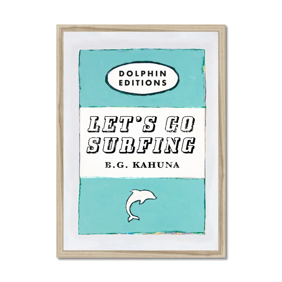 framed print of the vintage book cover art poster "Let's Go Surfing" in aqua blue. 