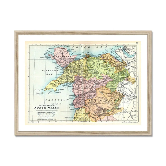 Map Print of North Wales | A detailed and colourful Vintage Map of Wales - Framed Wall Art