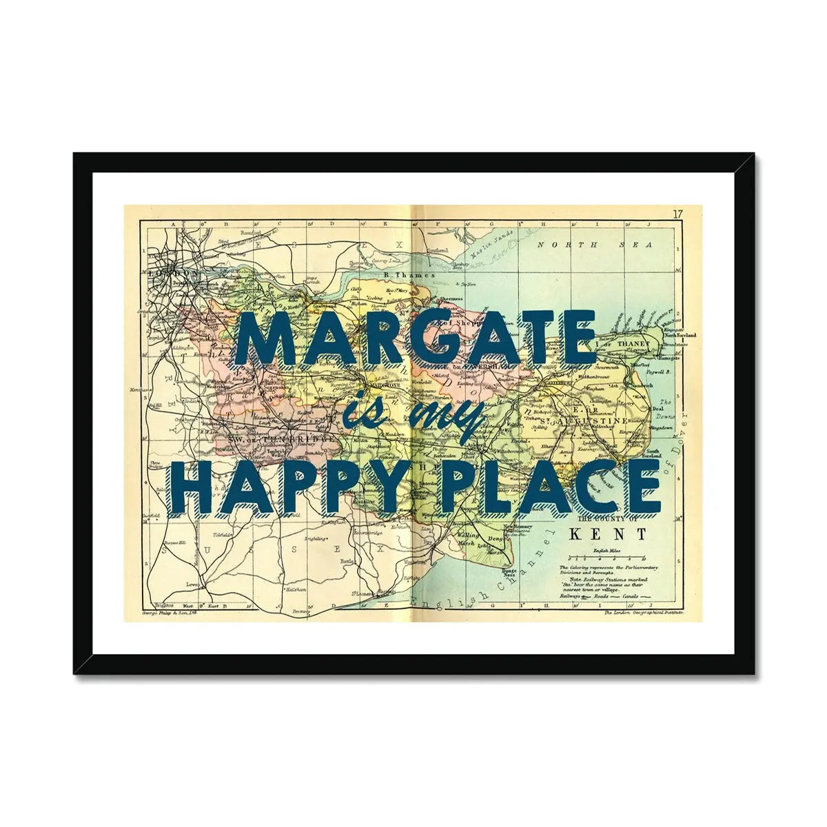 Margate is my Happy Place (Kent Map) Vintage Map Art - Framed - Beach House Art