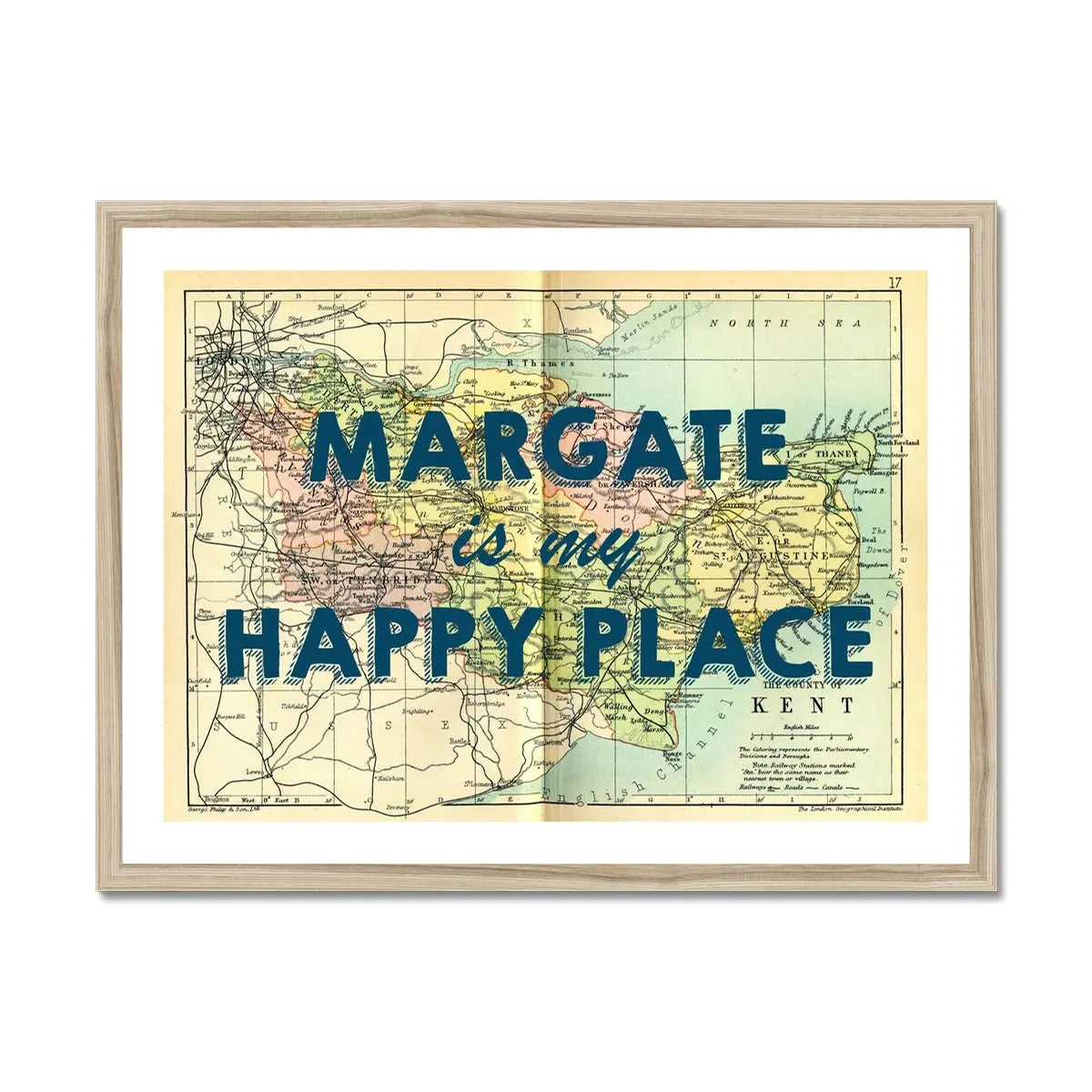 Margate is my Happy Place (Kent Map) Vintage Map Art - Framed - Beach House Art