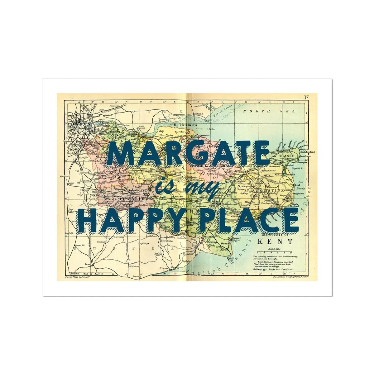 Margate is my Happy Place (Kent Map) Vintage Map Art - Unframed - Beach House Art