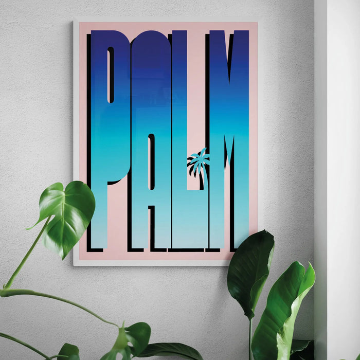 Neon Blue Palm: Word Art - Framed - Beach House Art