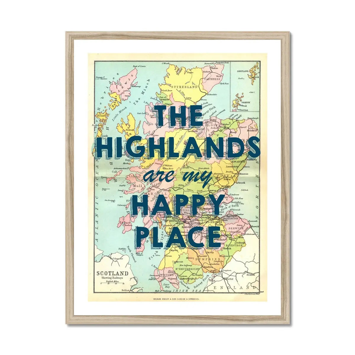 Vintage Map Art - The Highlands are my Happy Place (Scotland Map) - Framed - Beach House Art