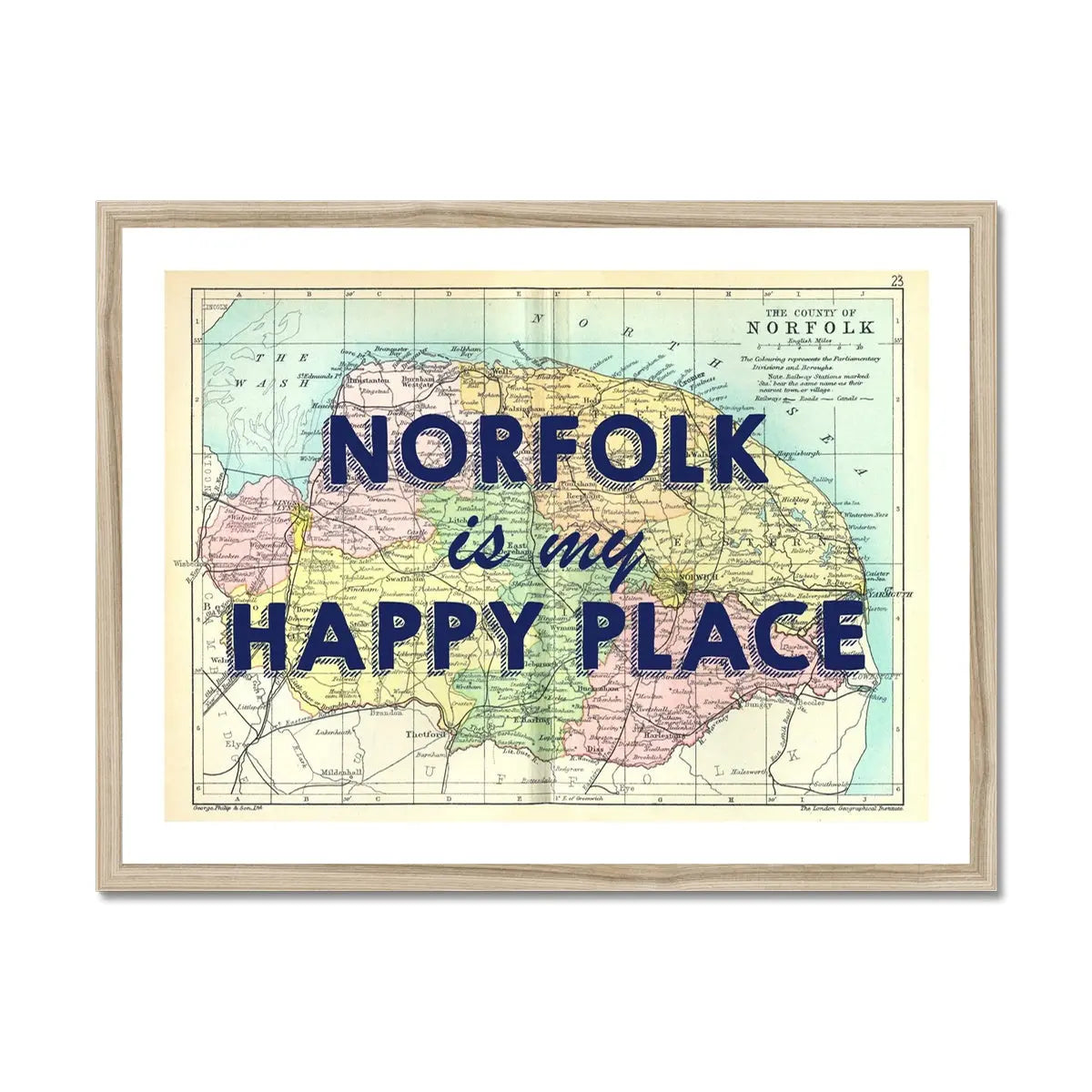 Norfolk is my Happy Place (Norfolk Map) Vintage Map Art - Framed - Beach House Art