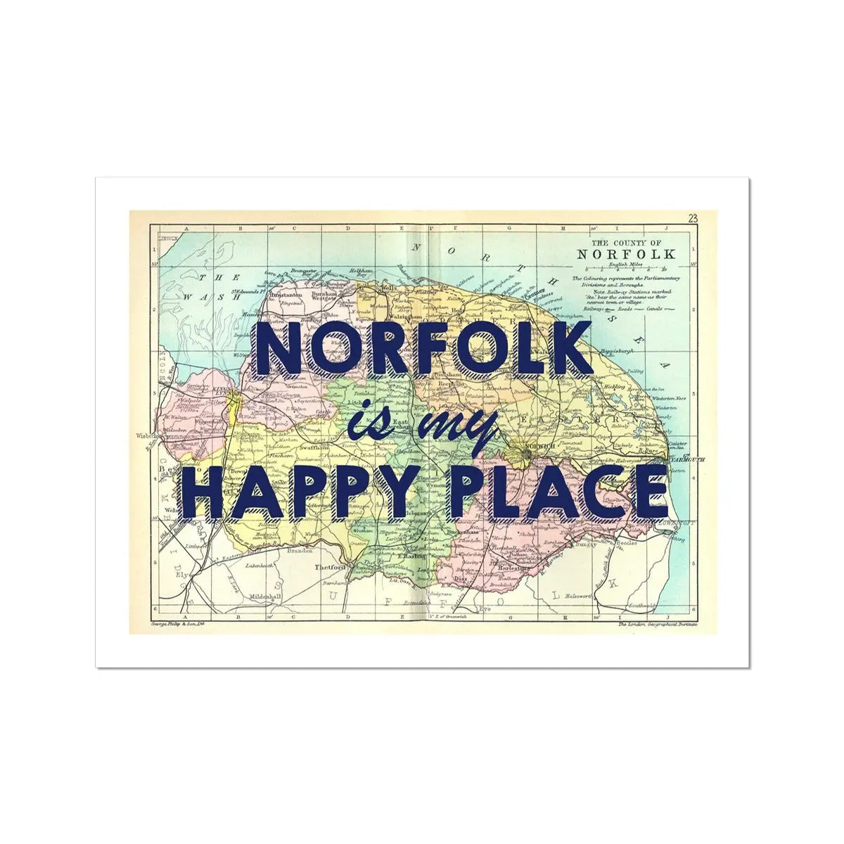 Norfolk is my Happy Place (Norfolk Map) Vintage Map Art - Unframed - Beach House Art