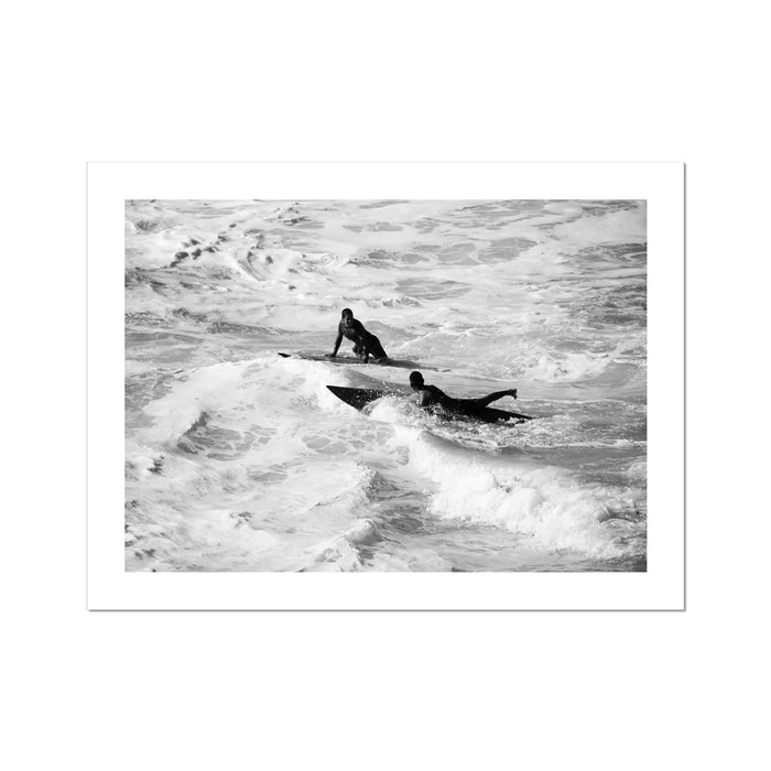 black & white beach art photograph of two surfers in the waves - beach house art