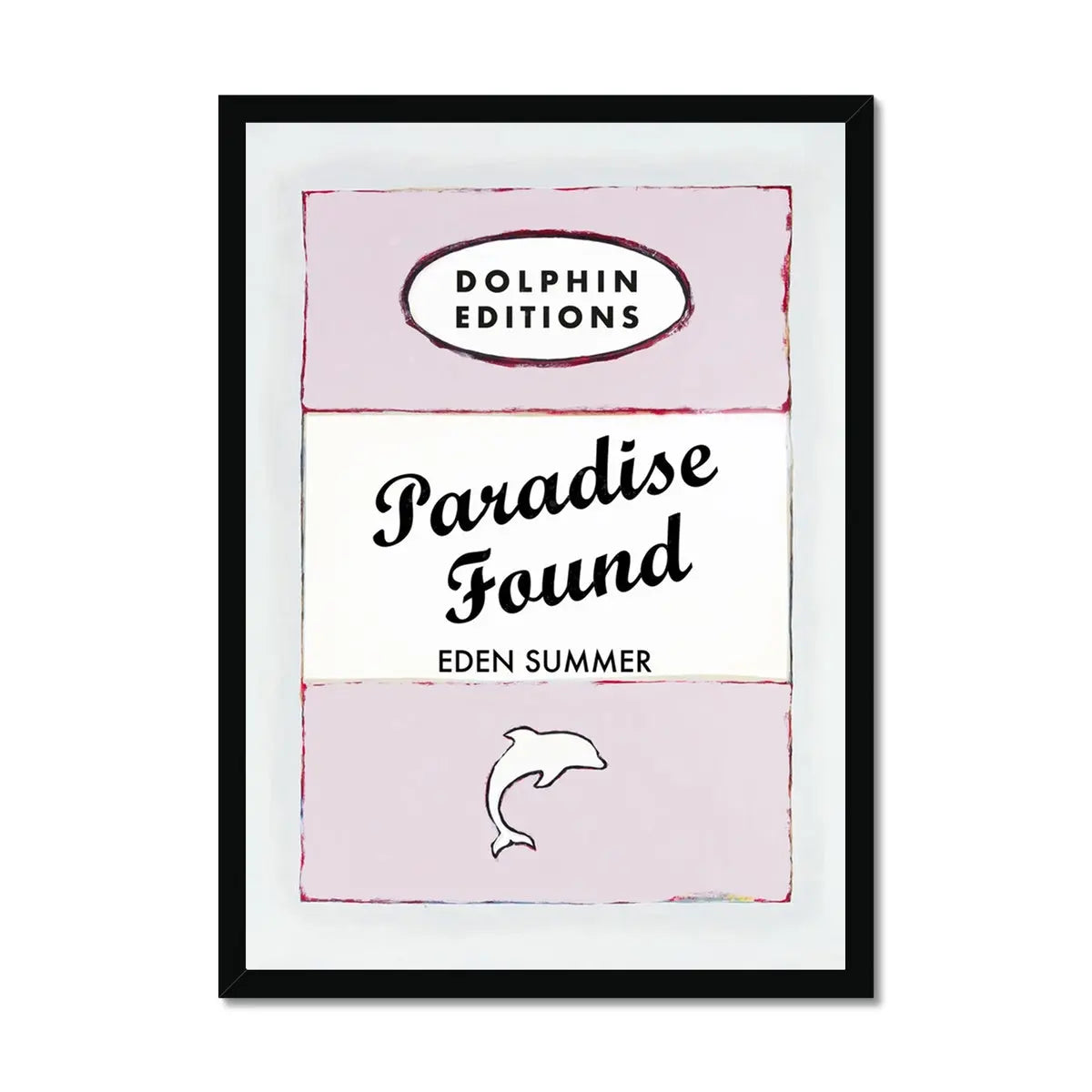 this framed print features a vintage book cover art poster of "Paradise Found" in pink.