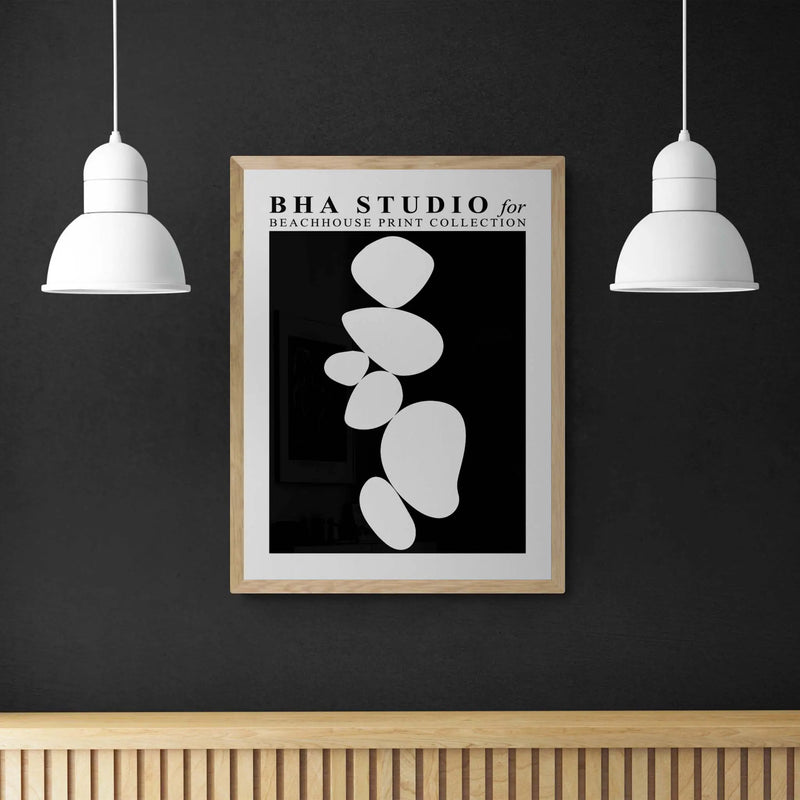 Black & White Abstract Wall Art - Pebble Stack No 1 - Framed - Beach House Art