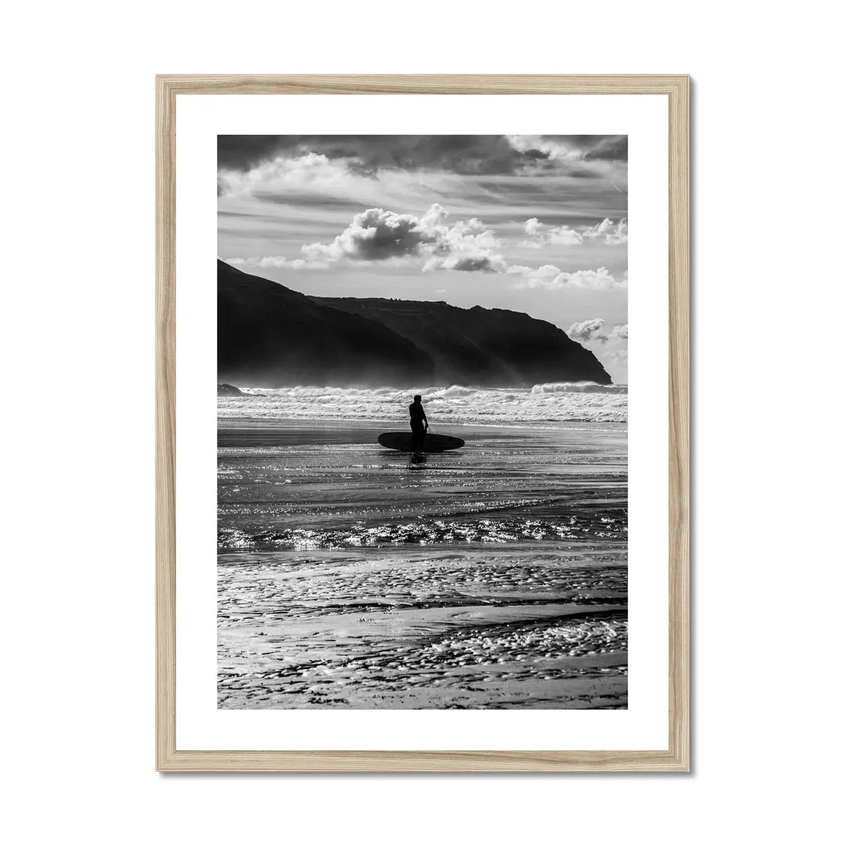 black & white photograph of a surfer on the beach - beach house art