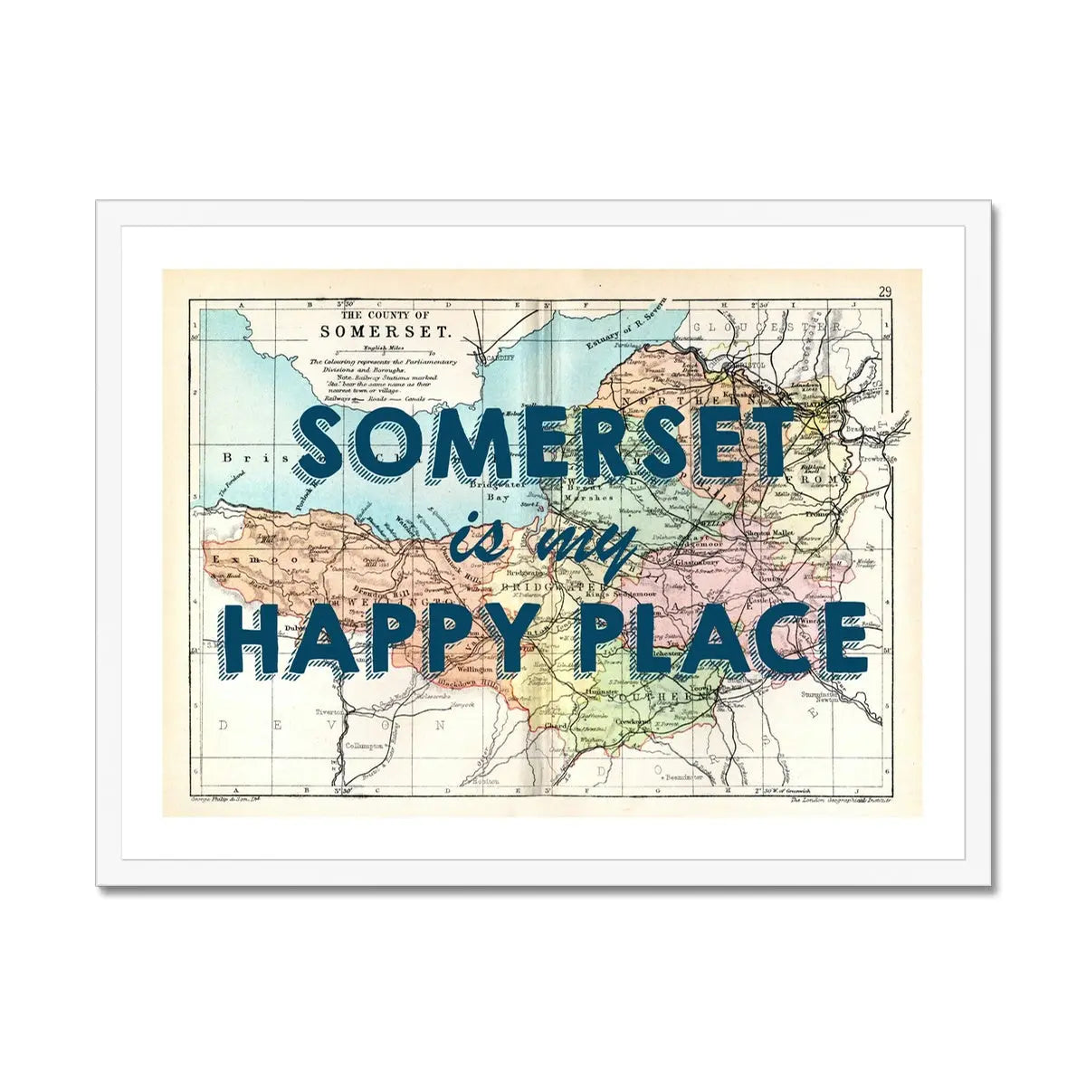 Somerset is my Happy Place (Somerset Map) Vintage Map Art - Framed - Beach House Art