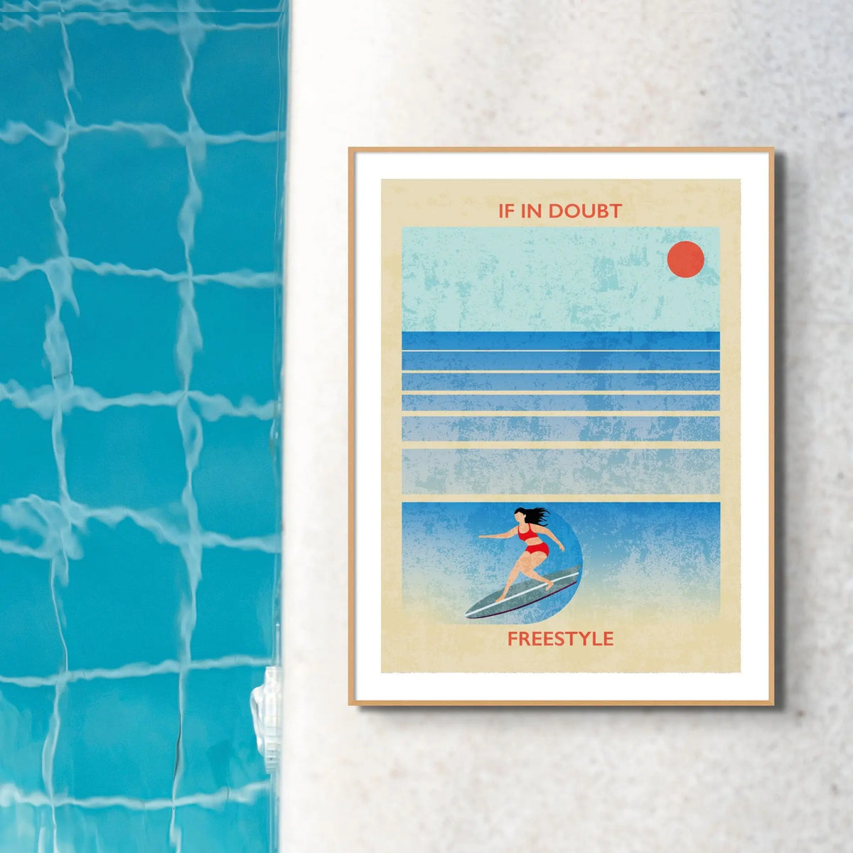 Splash Freestyle (Contemporary Wall Art) retro surfer girl illustration catching a wave- Unframed - Beach House Art