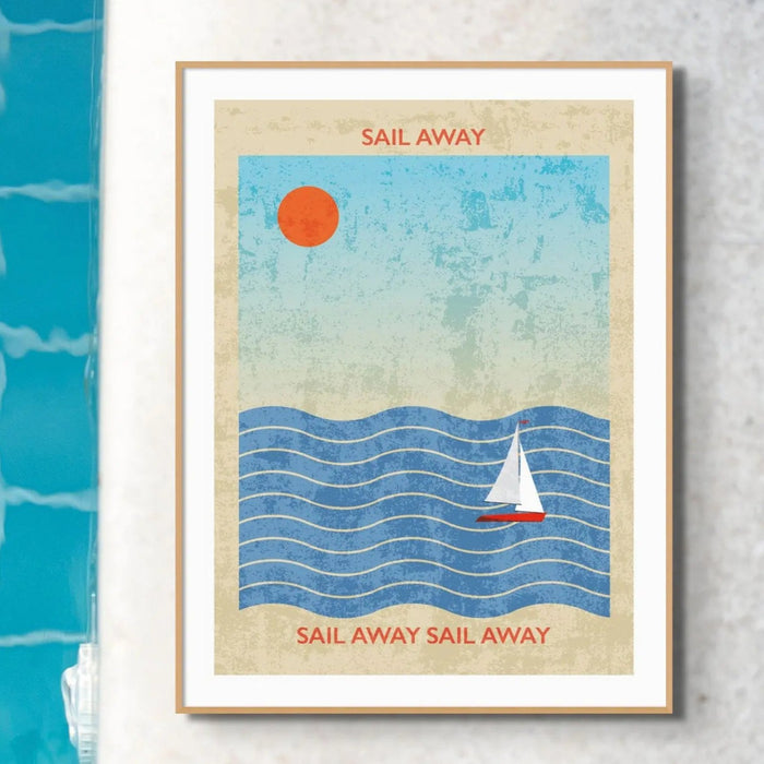 Splash Sail Away (Contemporary Wall Art) a sailing boat on the sea with sun in the sky - Unframed - Beach House Art