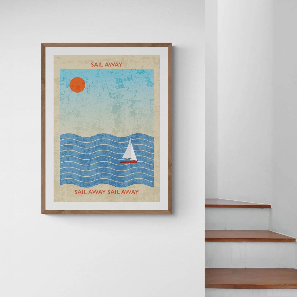 Splash Sail Away (Contemporary Wall Art) a sailing boat on the sea with sun in the sky - Unframed - Beach House Art