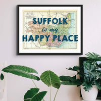 Suffolk is my Happy Place Art Print | Map Print of Suffolk | Vintage Map Art - Framed Wall Art