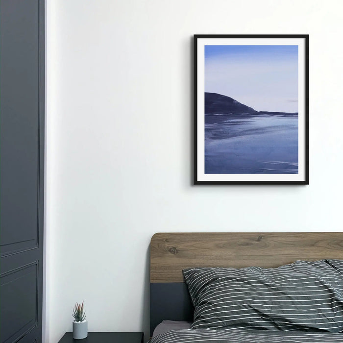 an acrylic painting of a beachscape at dawn with reflecting water above a timber bed with grey bedsheets - Beach House Art