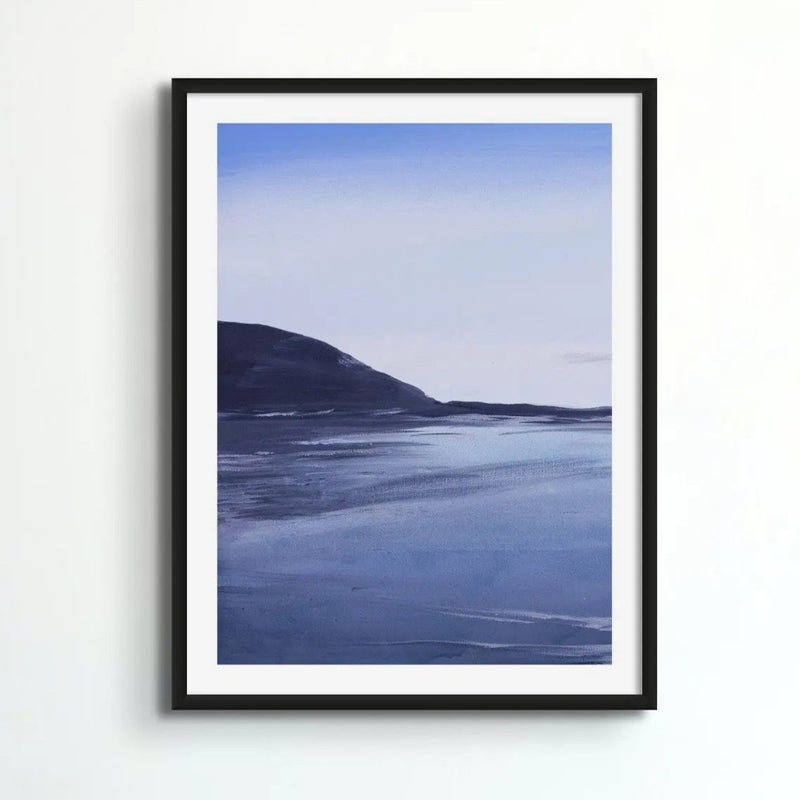 an acrylic painting of a beachscape at dawn with reflecting water above a timber bed with grey bedsheets - Beach House Art