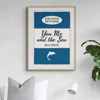 Vintage book cover art print titled "You, Me & the Sea" in navy colour. It comes framed - Beach House Art