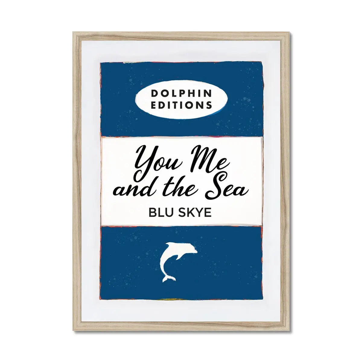 Vintage book cover art print titled "You, Me & the Sea" in navy colour. It comes framed - Beach House Art