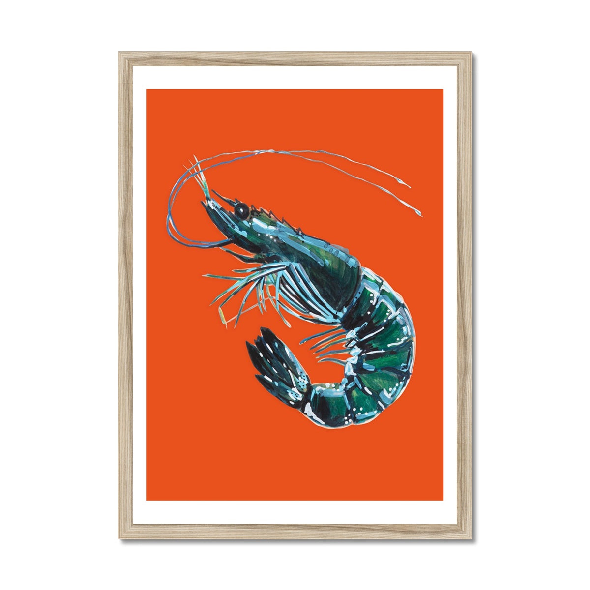 Prawn Print | Shellfish Kitchen Wall Art | Prawn Painting on Orange Background - Framed