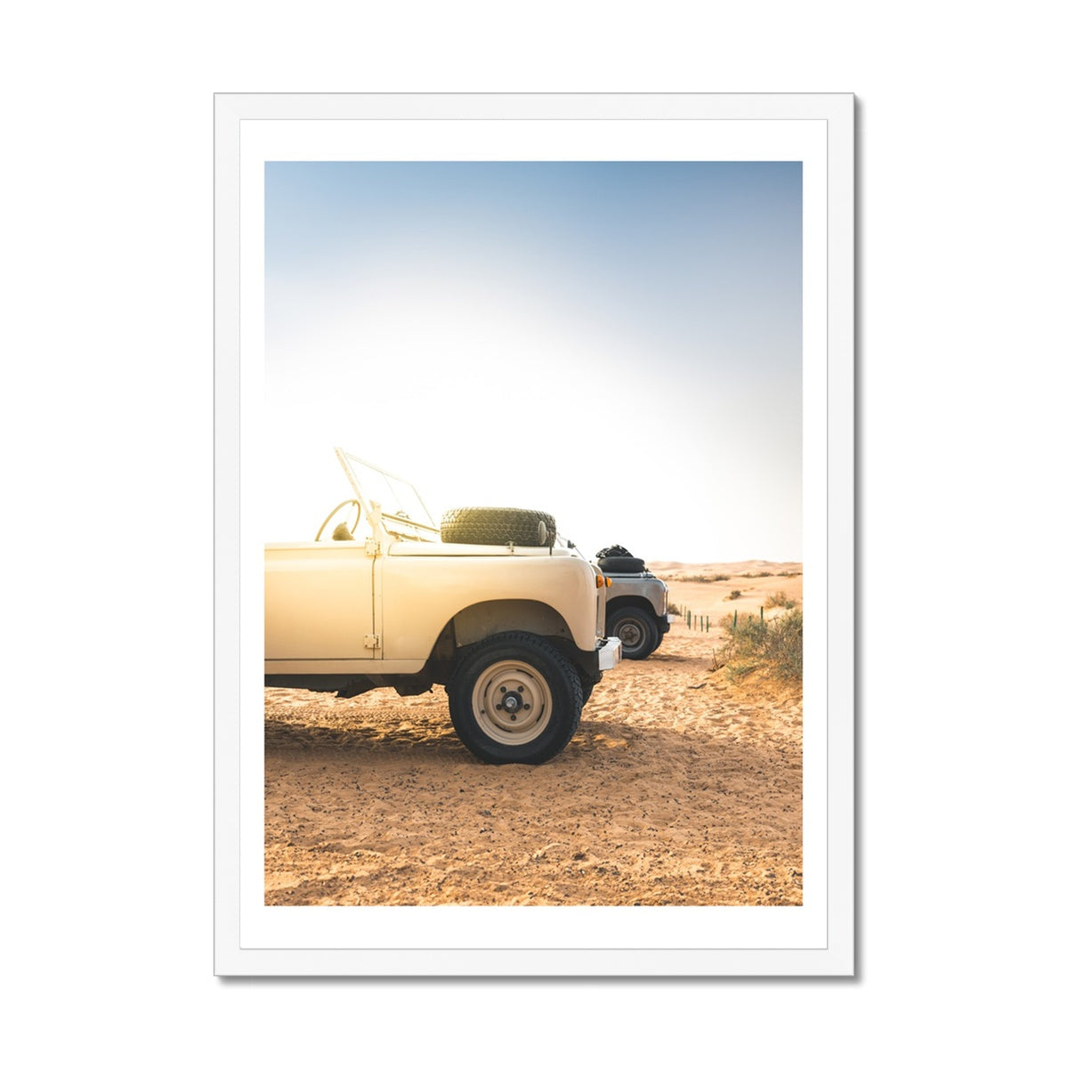 Land Rover Defender Beach at Dawn Photography Print | Colourful - Framed