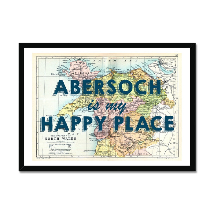 Abersoch is my Happy Place (Navy) Vintage North Wales Map Print - Framed