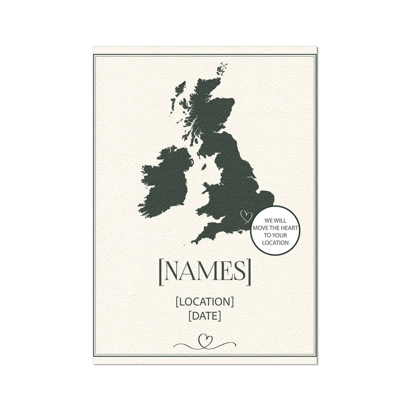 Personalised Map Print with Heart Location Pin | Wedding Print - Unframed