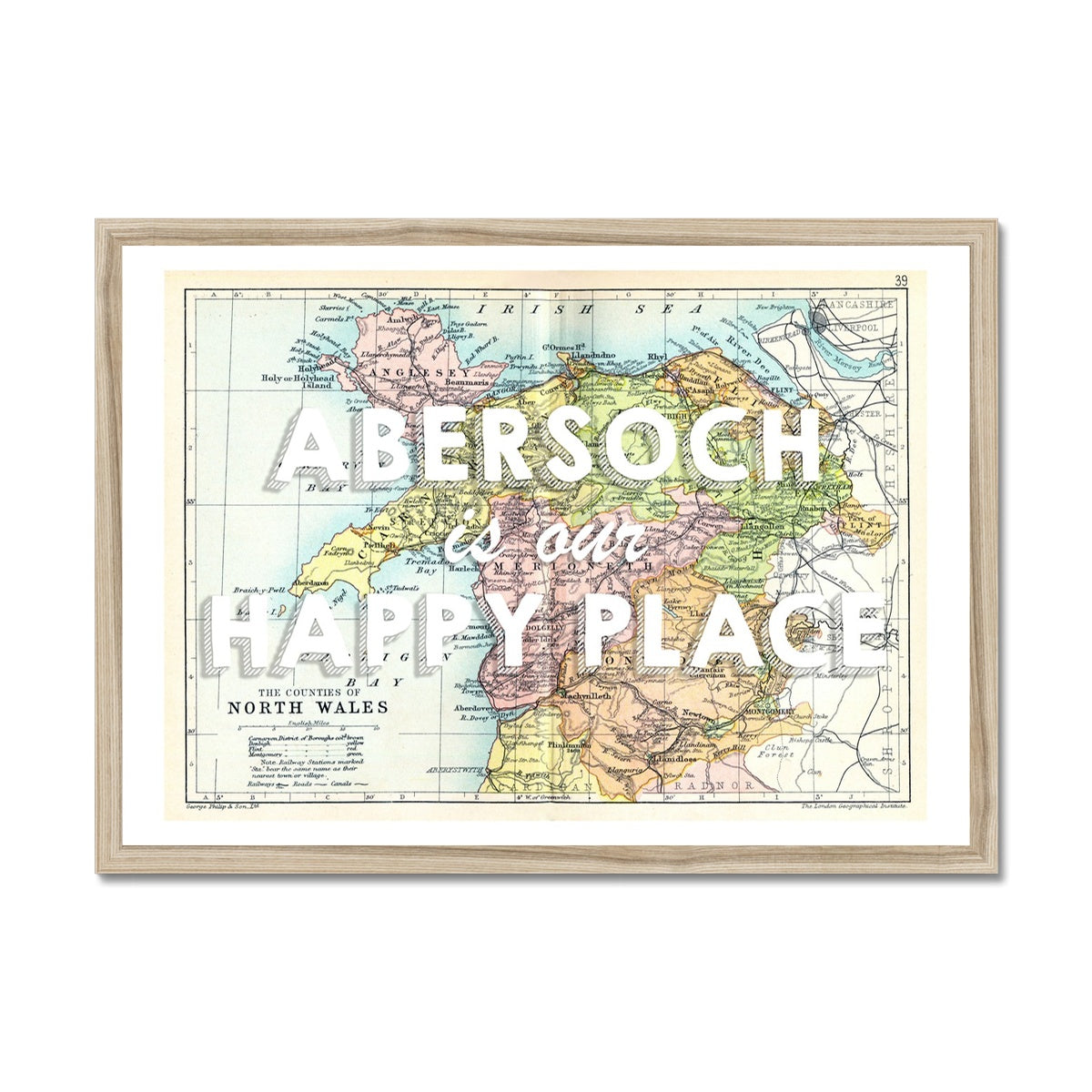 Abersoch is our Happy Place (White) Vintage North Wales Map Wall Art - Framed