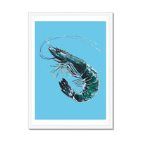 Prawn Art Print | Shellfish Kitchen Wall Art | Prawn Painting on Blue Background - Framed