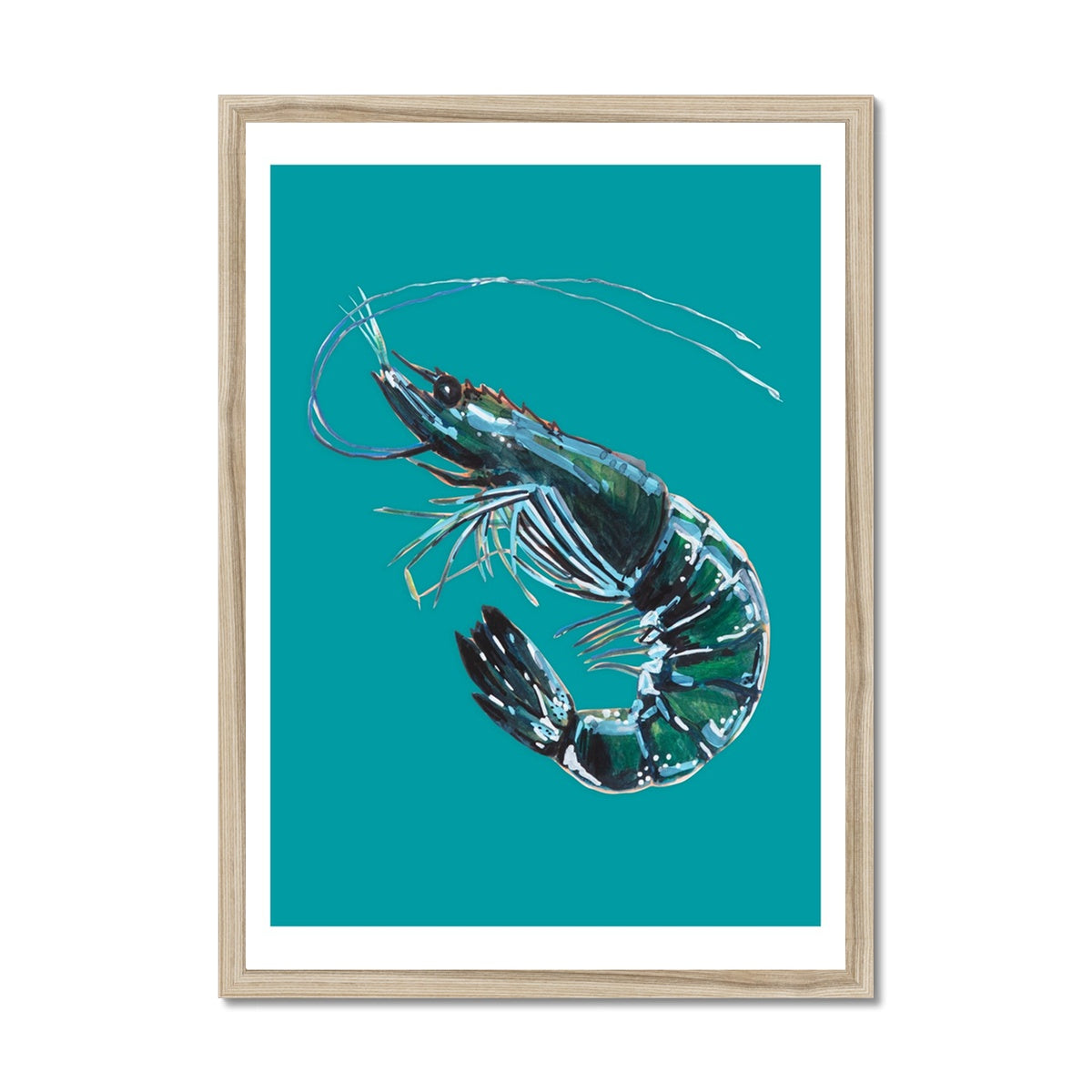 Prawn Painting | Shellfish Kitchen Art Print | Prawn Print on Green Background - Framed