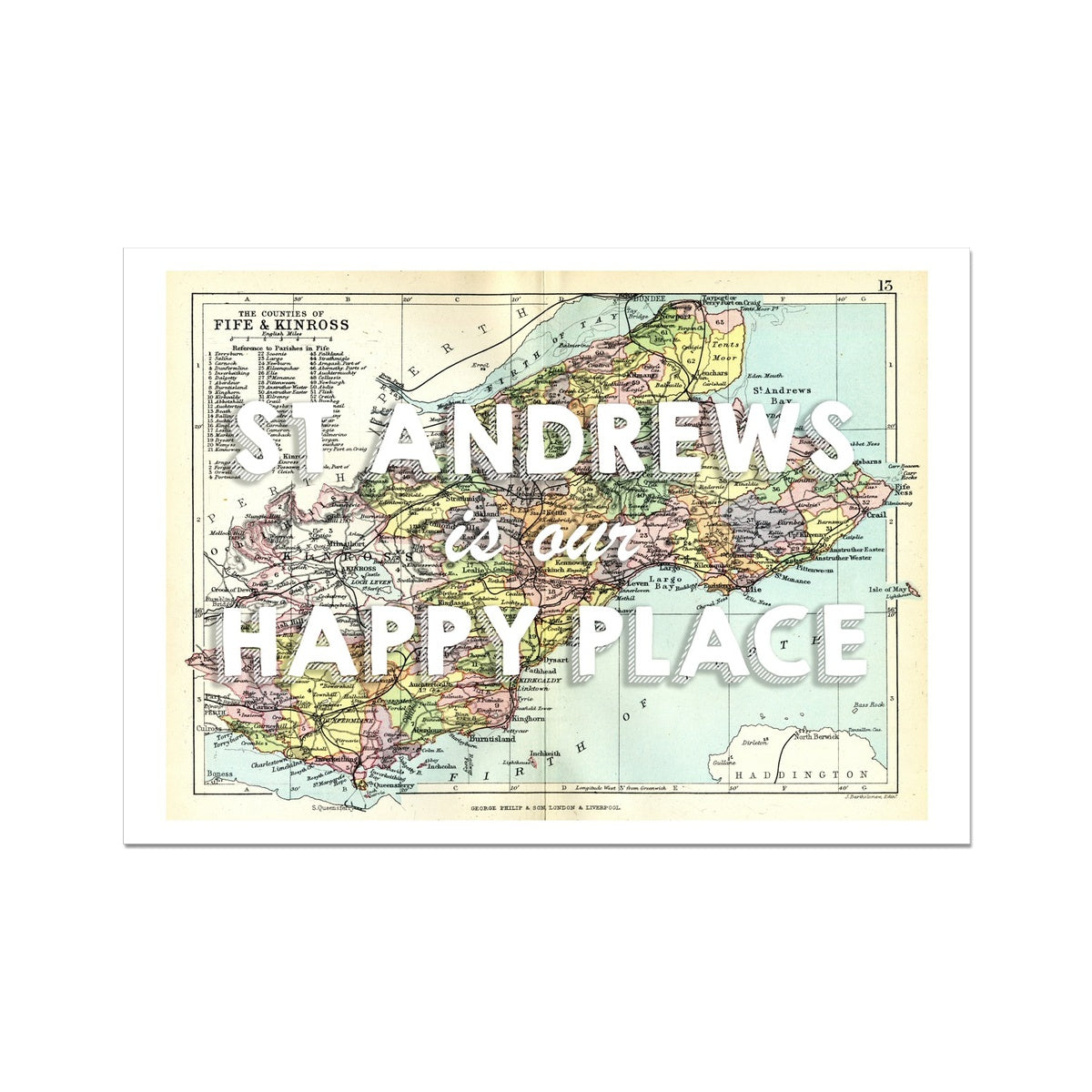 St Andrews is our Happy Place Quote on Vintage St Andrews Map Print - Unframed