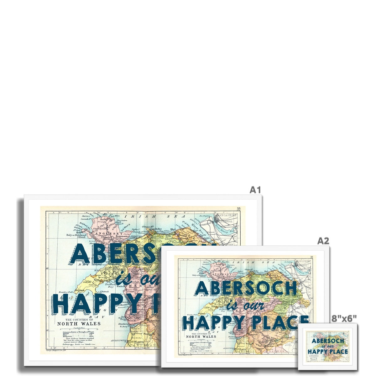 Abersoch is our Happy Place Quote on Vintage North Wales Map Print - Framed