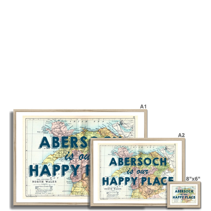 Abersoch is our Happy Place Quote on Vintage North Wales Map Print - Framed